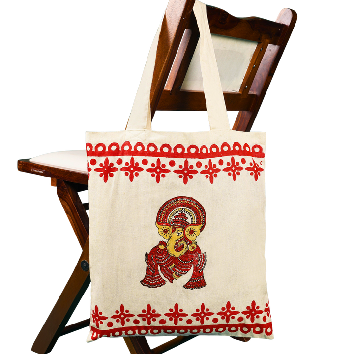 dha Hand Block-Printed Cotton Tote – Lord Ganesha Motif | Puja & Gift Carry Bag | Unique Motif Bag