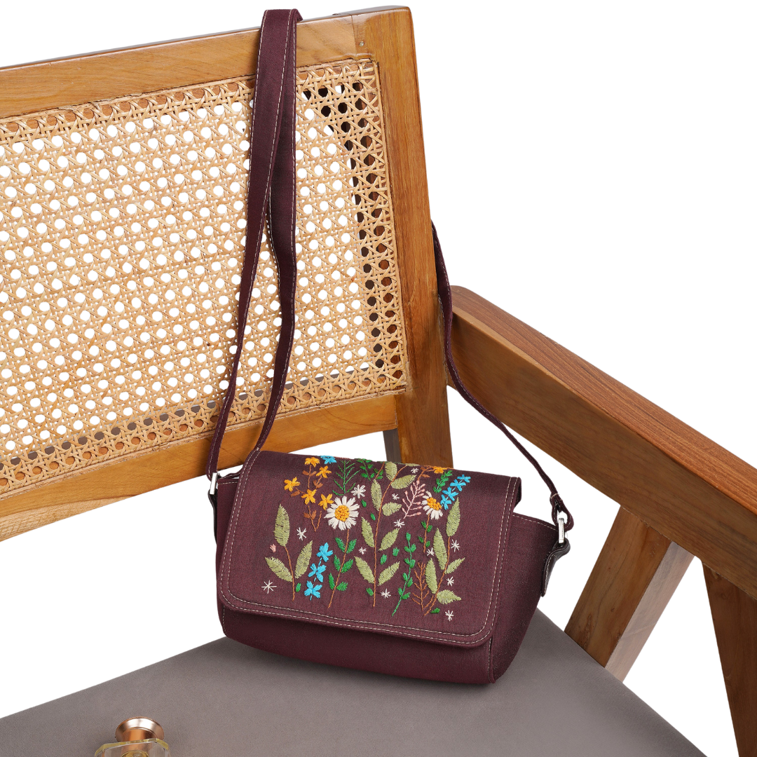 Indha Hand-Embroidered Silk Sling Bag – Box-Shape | Compact Crossbody | Gift-Ready