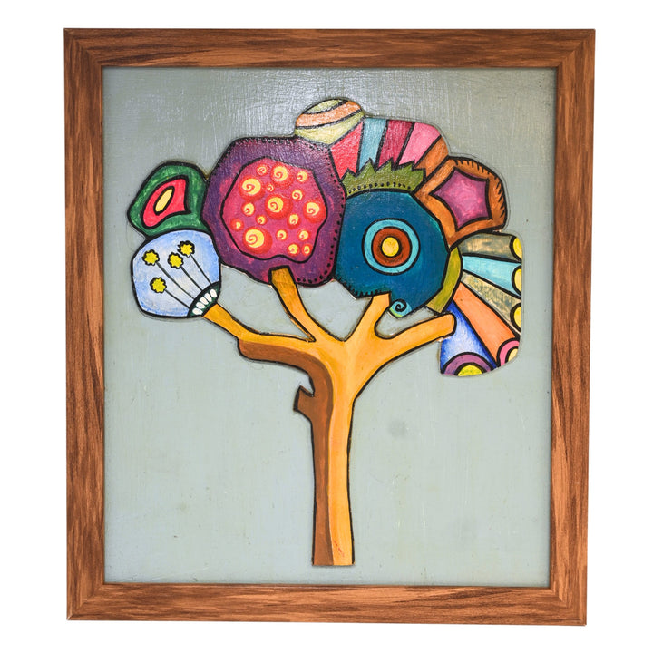Indha Boho Tree Wall Art | Hand-Painted on Wood Appliqué | Framed in Repurposed Wood with Vegan Leather Back | Sustainable Acrylic Décor