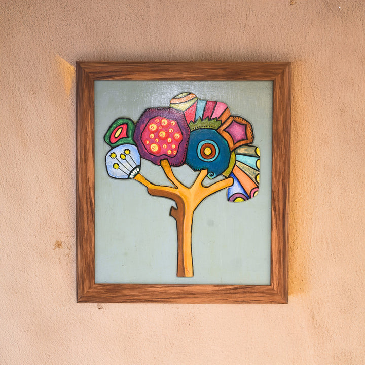 Indha Boho Tree Wall Art | Hand-Painted on Wood Appliqué | Framed in Repurposed Wood with Vegan Leather Back | Sustainable Acrylic Décor