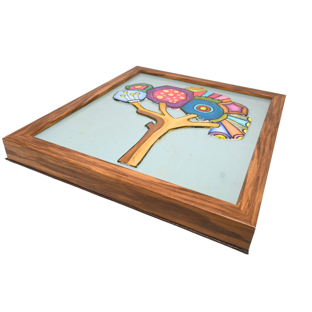 Indha Boho Tree Wall Art | Hand-Painted on Wood Appliqué | Framed in Repurposed Wood with Vegan Leather Back | Sustainable Acrylic Décor
