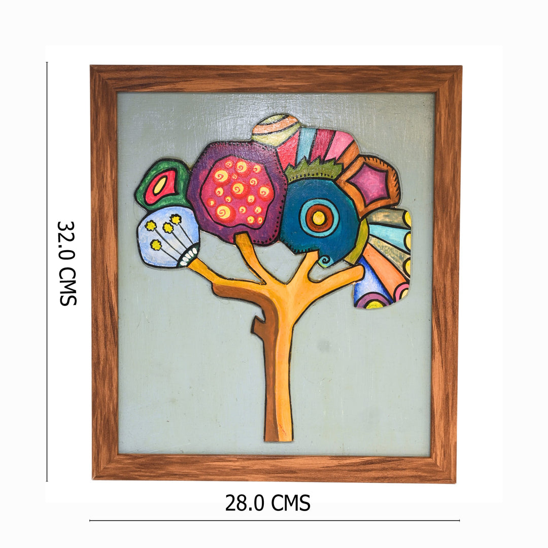 Indha Boho Tree Wall Art | Hand-Painted on Wood Appliqué | Framed in Repurposed Wood with Vegan Leather Back | Sustainable Acrylic Décor