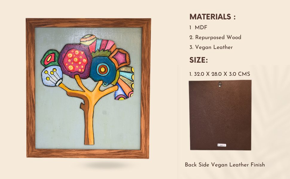Indha Boho Tree Wall Art | Hand-Painted on Wood Appliqué | Framed in Repurposed Wood with Vegan Leather Back | Sustainable Acrylic Décor