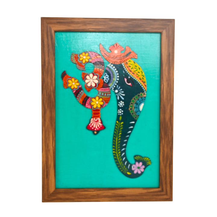 Indha Handpainted Multicolour OM Ganesha Wall Décor | Repurposed Wood Frame with Vegan Leather Back | Ethnic Wood Applique Art