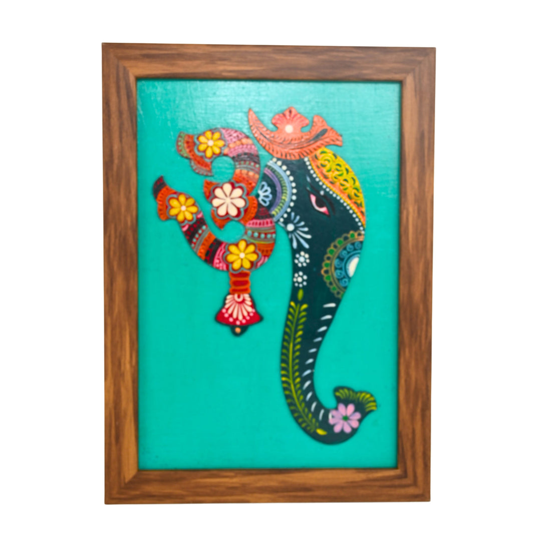 Indha Handpainted Multicolour OM Ganesha Wall Décor | Repurposed Wood Frame with Vegan Leather Back | Ethnic Wood Applique Art