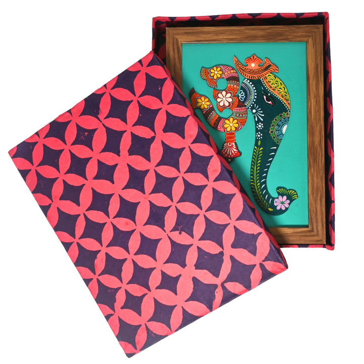Indha Handpainted Multicolour OM Ganesha Wall Décor | Repurposed Wood Frame with Vegan Leather Back | Ethnic Wood Applique Art