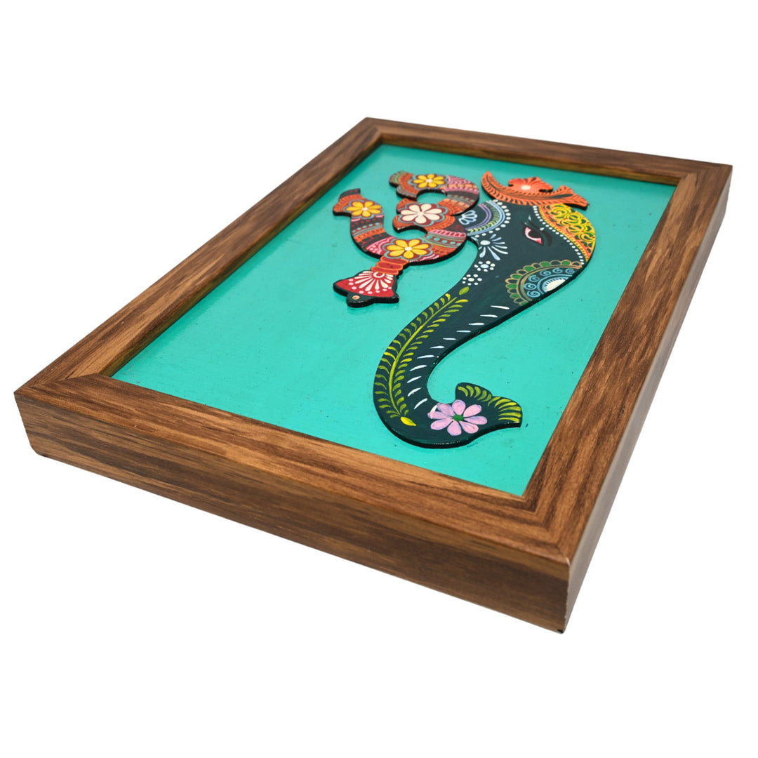 Indha Handpainted Multicolour OM Ganesha Wall Décor | Repurposed Wood Frame with Vegan Leather Back | Ethnic Wood Applique Art
