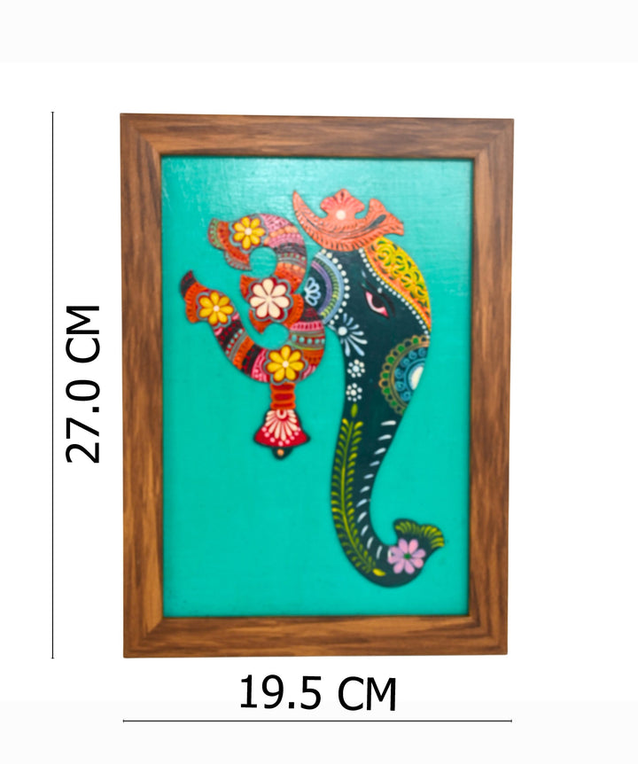 Indha Handpainted Multicolour OM Ganesha Wall Décor | Repurposed Wood Frame with Vegan Leather Back | Ethnic Wood Applique Art