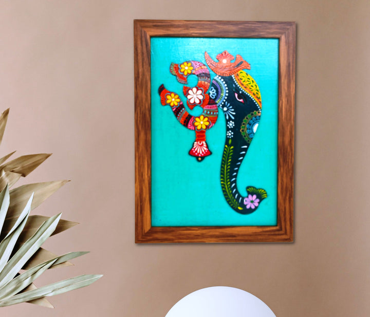 Indha Handpainted Multicolour OM Ganesha Wall Décor | Repurposed Wood Frame with Vegan Leather Back | Ethnic Wood Applique Art