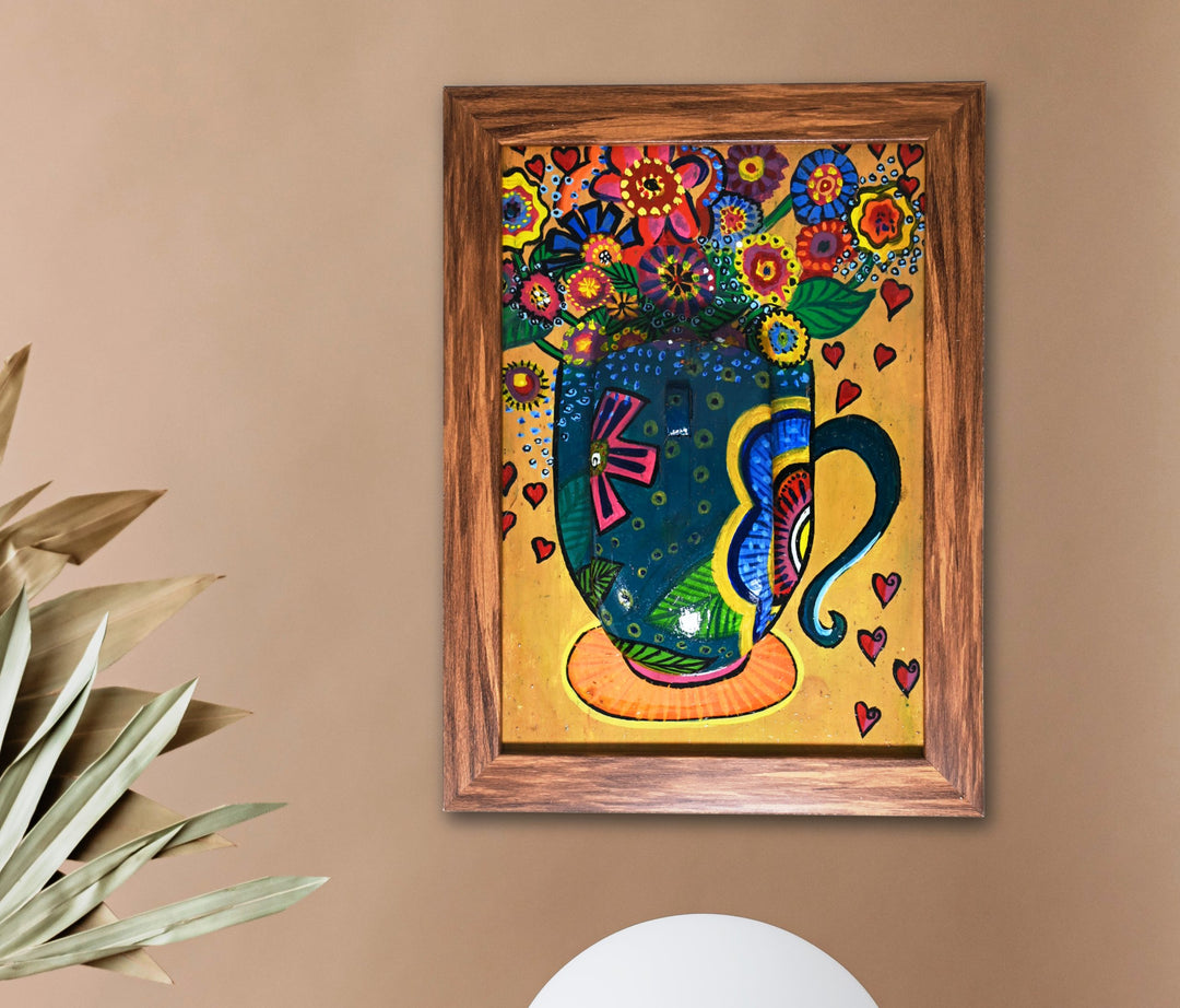 Indha Handpainted Floral Pot Wall Art | Upcycled Mouse &amp; MDF with Repurposed Wood Frame | Sustainable Home Décor with Vegan Leather Back