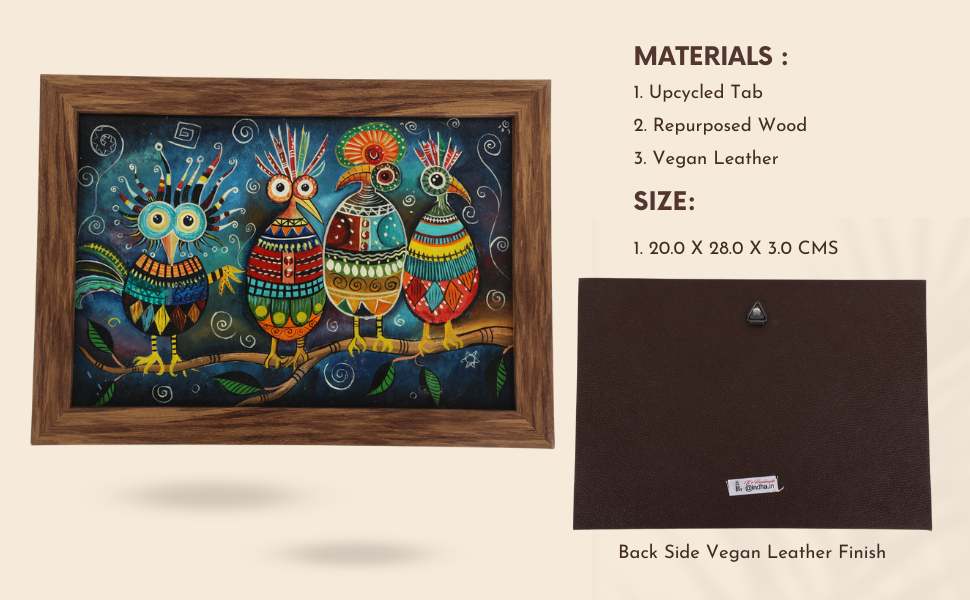 Indha Hand-Painted 4 Birds Wall Art | Upcycled Tablet Painting | Framed in Reclaimed Wood with Vegan Leather Backing | Eco-Friendly &amp; Whimsical Home Decor