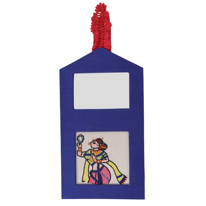 Indha Wall Hanging – Embroidered Lady Holding a Mirror | Real Mirror Accent | Handcrafted on Repurposed Wood | Reflective &amp; Regal Decor