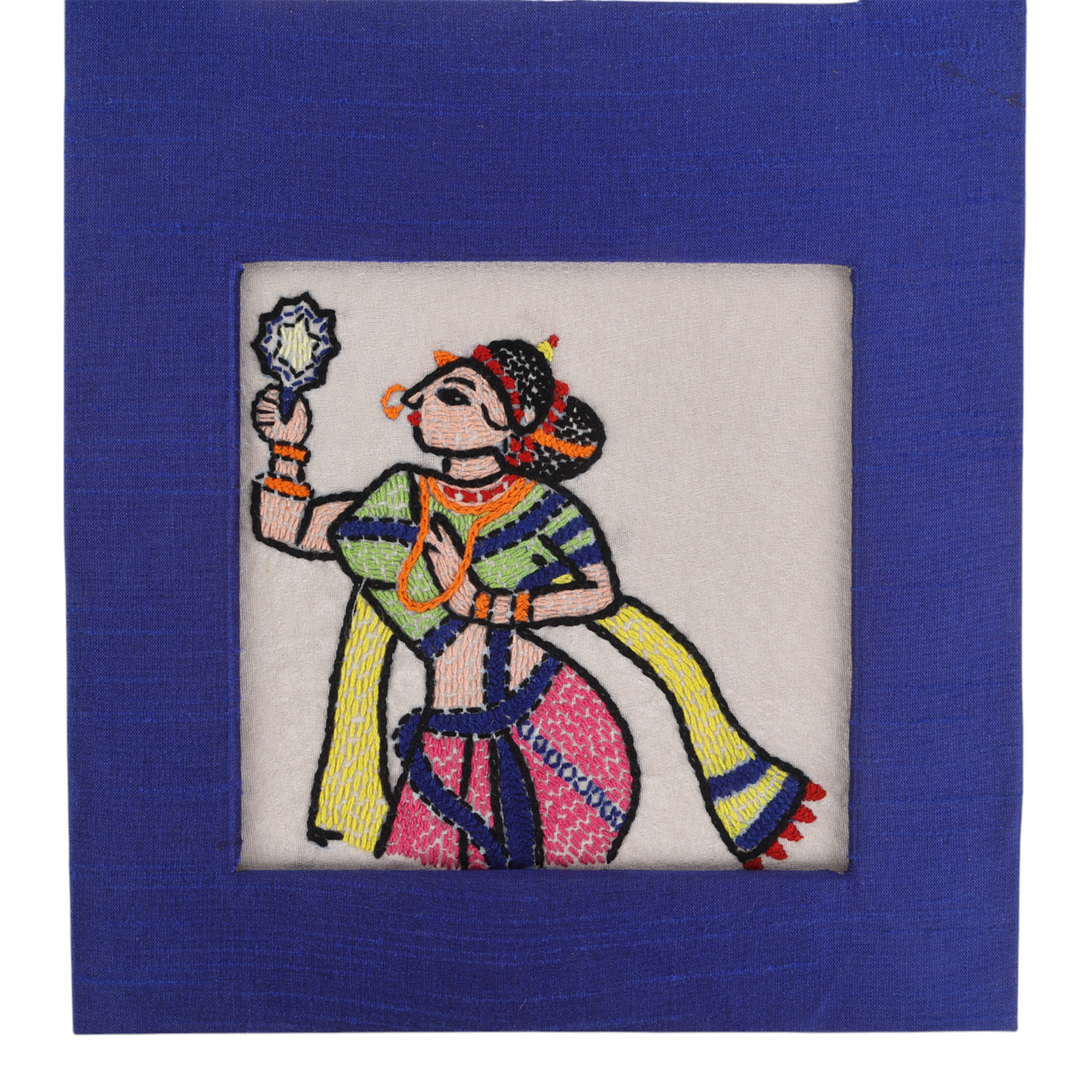 Indha Wall Hanging – Embroidered Lady Holding a Mirror | Real Mirror Accent | Handcrafted on Repurposed Wood | Reflective &amp; Regal Decor