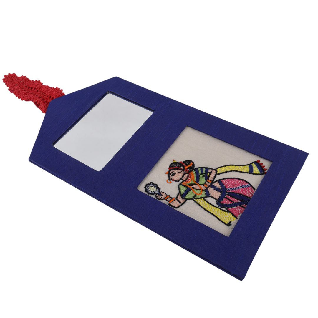 Indha Wall Hanging – Embroidered Lady Holding a Mirror | Real Mirror Accent | Handcrafted on Repurposed Wood | Reflective &amp; Regal Decor