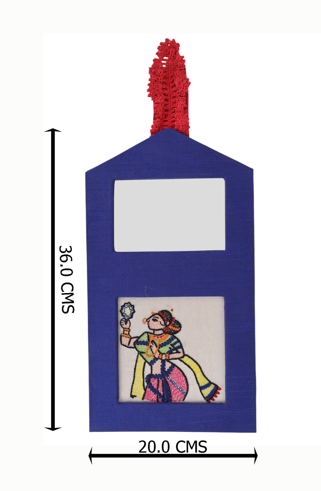 Indha Wall Hanging – Embroidered Lady Holding a Mirror | Real Mirror Accent | Handcrafted on Repurposed Wood | Reflective &amp; Regal Decor