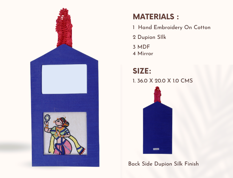 Indha Wall Hanging – Embroidered Lady Holding a Mirror | Real Mirror Accent | Handcrafted on Repurposed Wood | Reflective &amp; Regal Decor