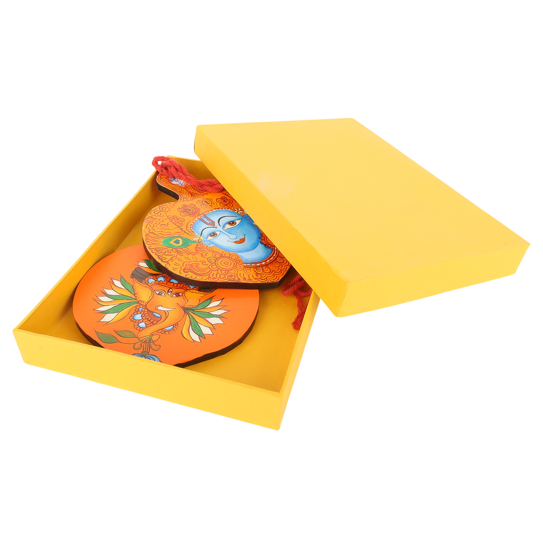 Indha Hand Painted Lord Krishana & Ganesha Print Wall Hanging Set of 2