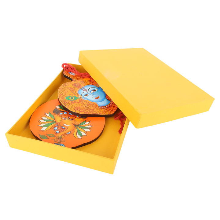 Indha Hand Painted Lord Krishana & Ganesha Print Wall Hanging Set of 2