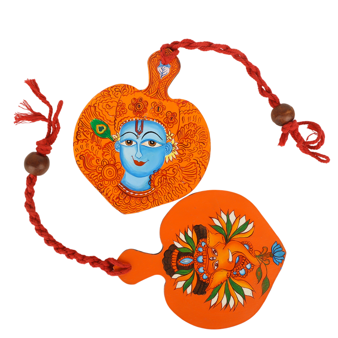 Indha Hand Painted Lord Krishana & Ganesha Print Wall Hanging Set of 2