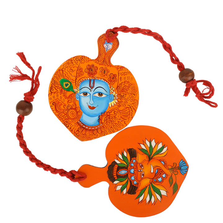 Indha Hand Painted Lord Krishana & Ganesha Print Wall Hanging Set of 2