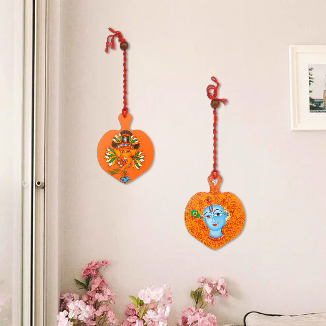 Indha Hand Painted Lord Krishana & Ganesha Print Wall Hanging Set of 2