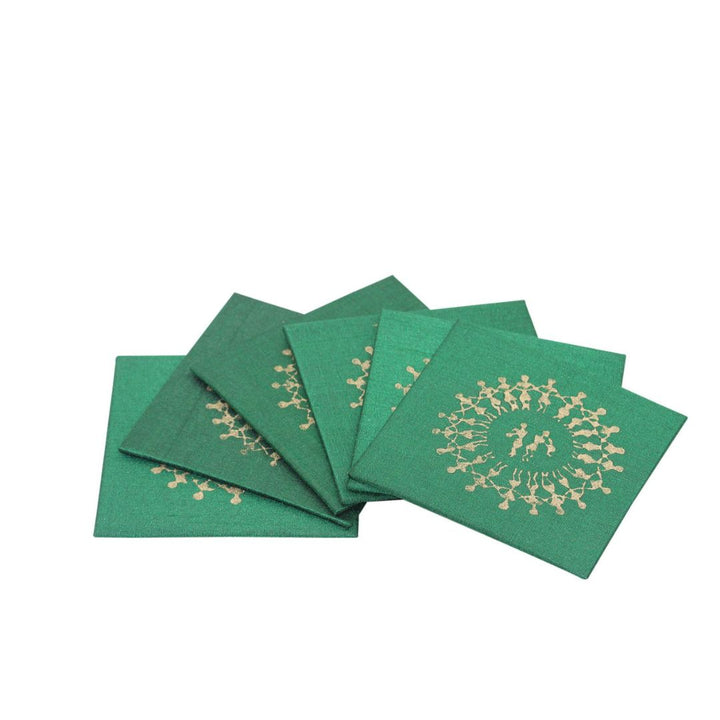 Warli Block Printed Coaster Set (Pack of 6)