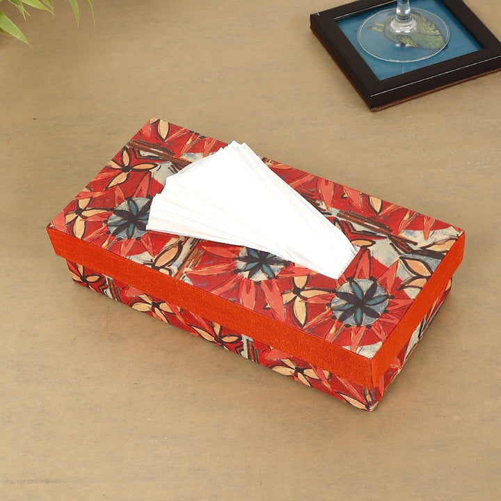 INDHA Flower Print Design Tissue Box | Designer Digital Print| Home Utility | Car Utility | Handmade | Gifting | Orange Flower Print | Dupion Silk Tissue Box | Utility Product