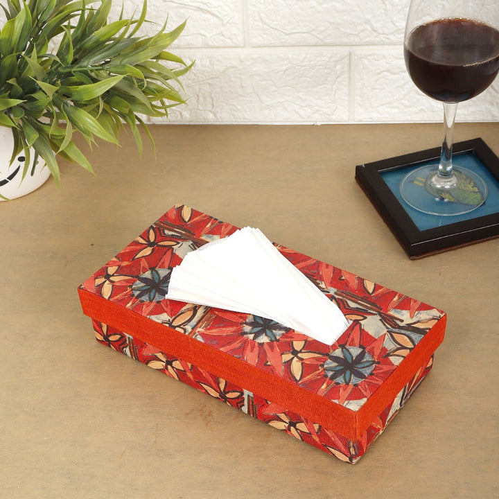 INDHA Flower Print Design Tissue Box | Designer Digital Print| Home Utility | Car Utility | Handmade | Gifting | Orange Flower Print | Dupion Silk Tissue Box | Utility Product