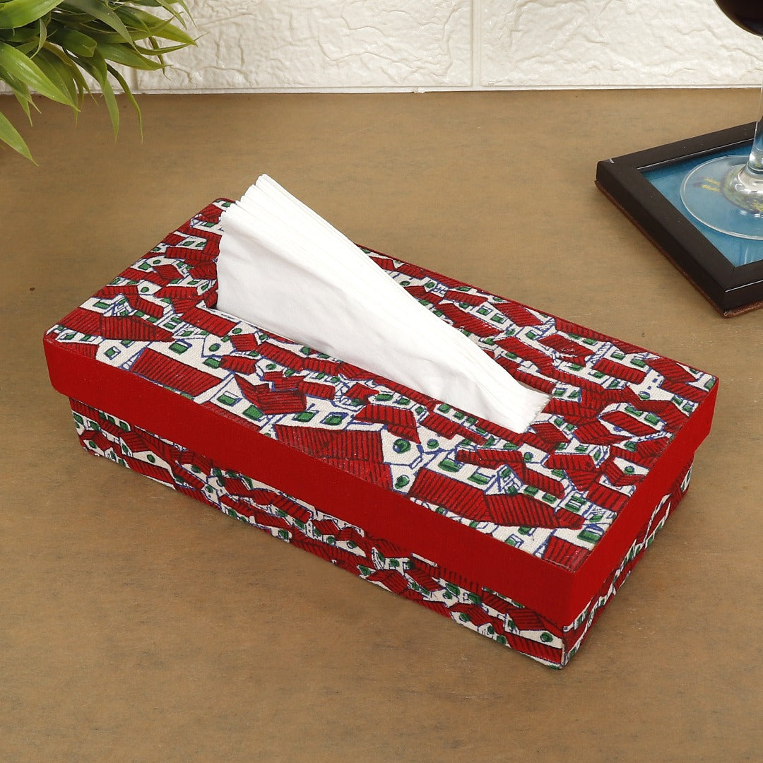 INDHA Maroon And White Huts Motif | Designer Hand Block Printed Tissue Box | Block Printed Design Tissue Box | Home Utility | Car Utility | Handmade | Gifting | Maroon Tissue Box | Dupion Silk Tissue Box | Utility Product | Handcrafted