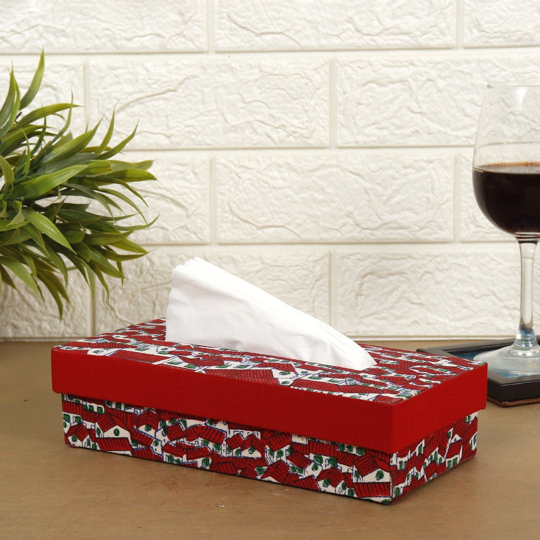 INDHA Maroon And White Huts Motif | Designer Hand Block Printed Tissue Box | Block Printed Design Tissue Box | Home Utility | Car Utility | Handmade | Gifting | Maroon Tissue Box | Dupion Silk Tissue Box | Utility Product | Handcrafted
