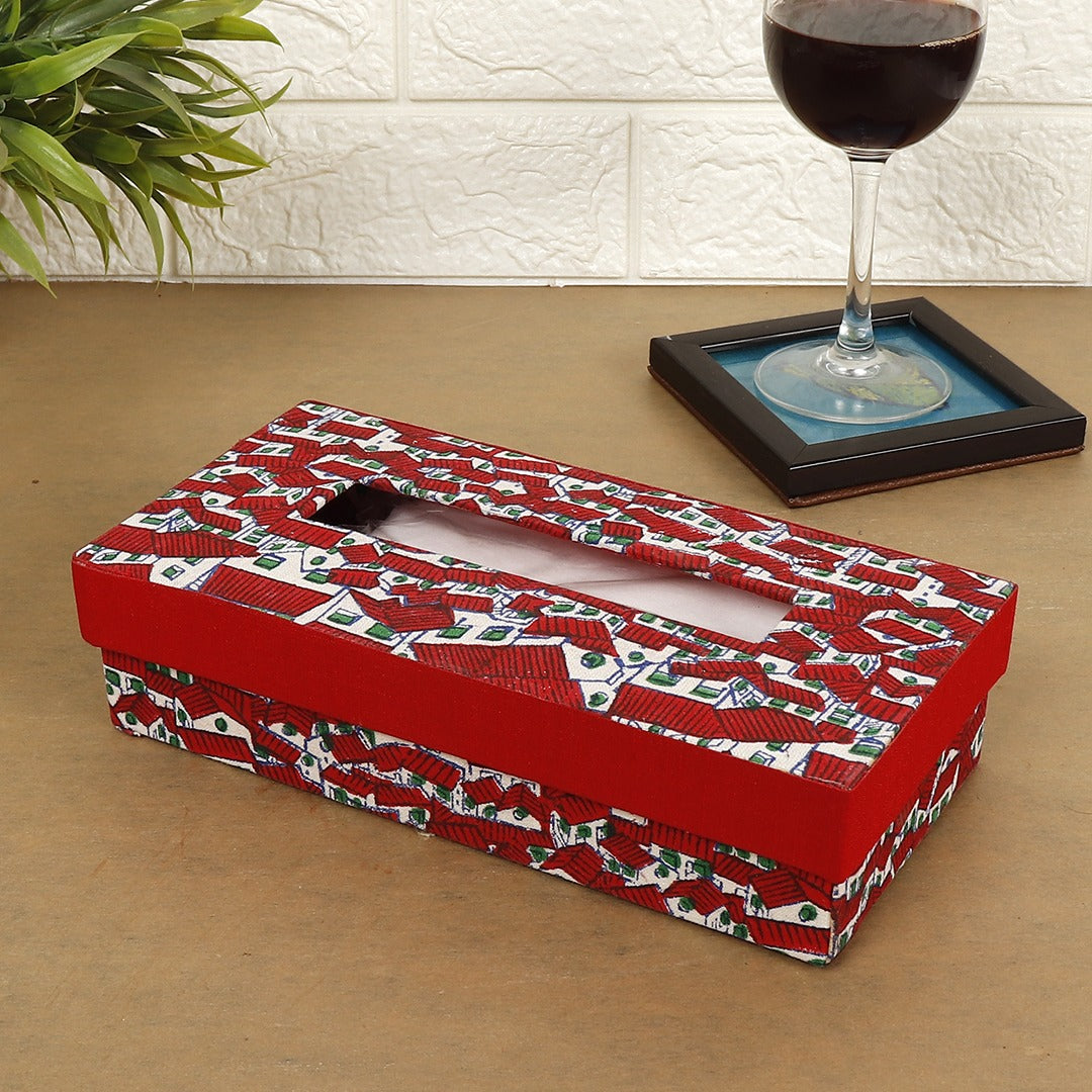 INDHA Maroon And White Huts Motif | Designer Hand Block Printed Tissue Box | Block Printed Design Tissue Box | Home Utility | Car Utility | Handmade | Gifting | Maroon Tissue Box | Dupion Silk Tissue Box | Utility Product | Handcrafted