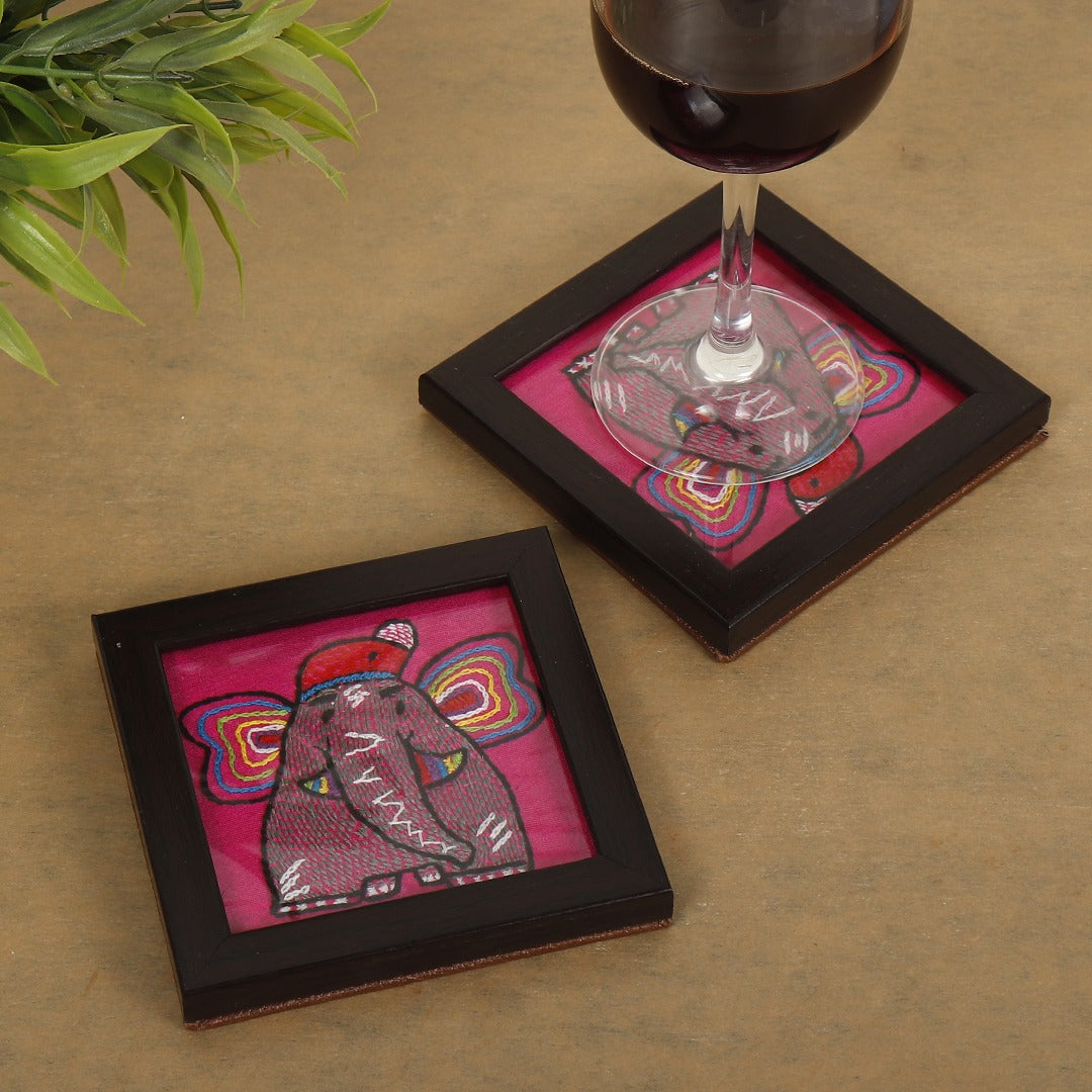 Indha Baby Elephant Design Kantha Work Hand Embroidered On Pink Dupion Silk Wooden Glass Coaster Set | Set Of 2 Glass Coaster | Hand Embroidered Utility Décor |