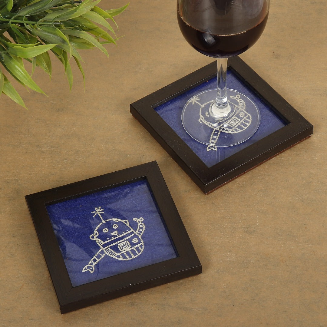 INDHA Doodle Robot Chain Stitch Hand Embroidery| Navy Blue Silk Wooden Glass Coaster Set | Set Of 2 Glass Coaster | Hand Embroidered Utility Décor | Home Utility | Gifting | Corporate Gifting | Handcrafted Décor |Dining Utility | Kitchen &amp; Dining