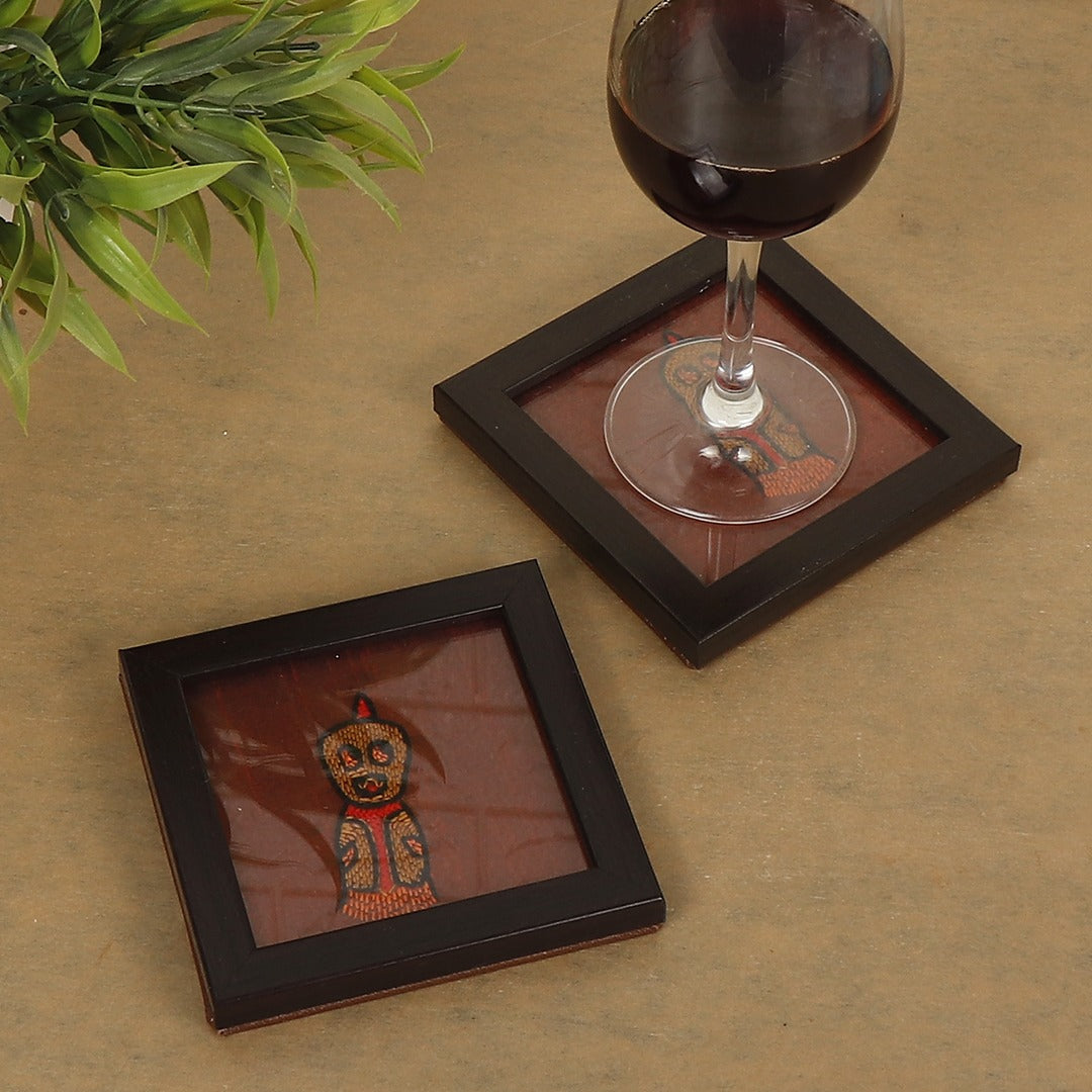 INDHA doodle monster design kantha work hand embroidered on rust dupion silk wooden glass coaster set | Set of 2 glass coaster | Hand embroidered utility décor |