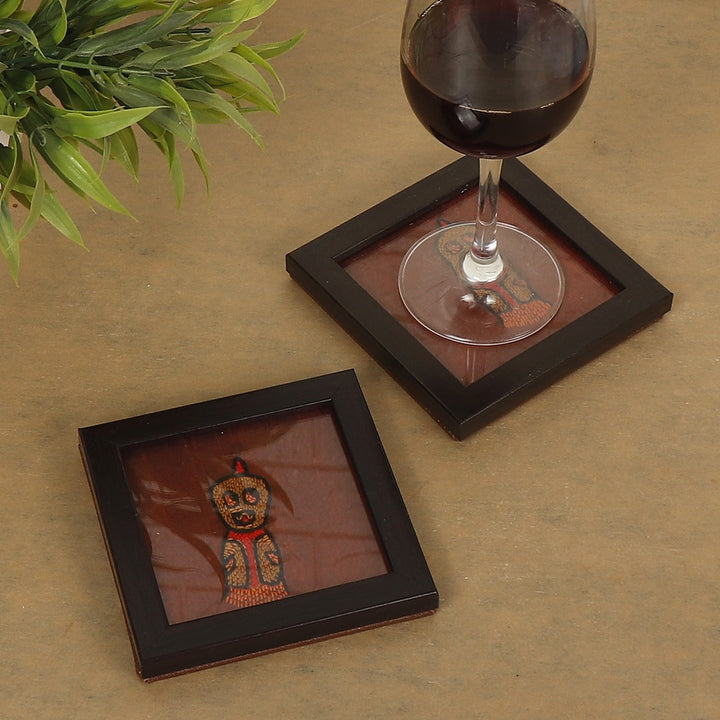 INDHA doodle monster design kantha work hand embroidered on rust dupion silk wooden glass coaster set | Set of 2 glass coaster | Hand embroidered utility décor |