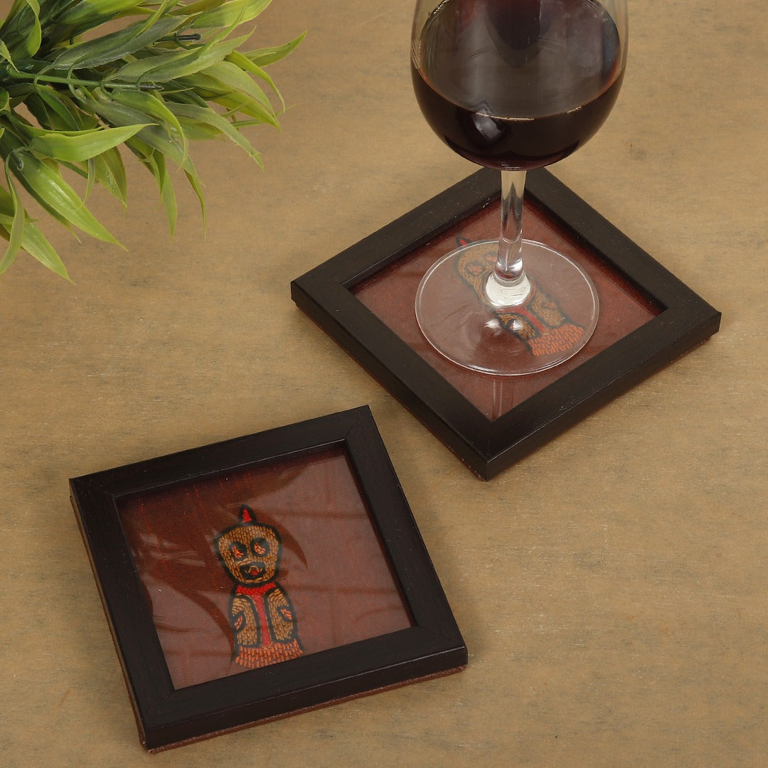 INDHA doodle monster design kantha work hand embroidered on rust dupion silk wooden glass coaster set | Set of 2 glass coaster | Hand embroidered utility décor |