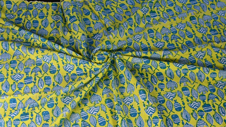 INDHA Hand Block-Printed Jaipuri Cotton Fabric Lemon Green | Fishes Family Motif  Fabric | Hand Block Printed Fabric | Home Utility | Fashion Utility | Gifting | Gifts For Him | Gifts For Her | Home Furnishing | 3 Meter X 42-44 Wide