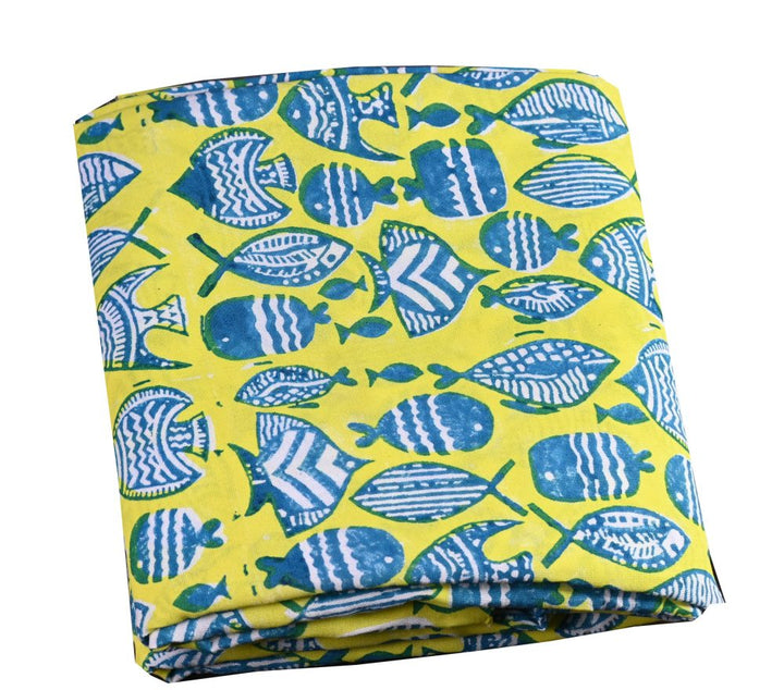 INDHA Hand Block-Printed Jaipuri Cotton Fabric Lemon Green | Fishes Family Motif  Fabric | Hand Block Printed Fabric | Home Utility | Fashion Utility | Gifting | Gifts For Him | Gifts For Her | Home Furnishing | 3 Meter X 42-44 Wide