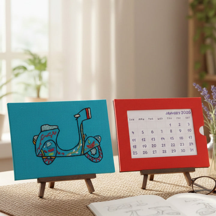 Indha Handcrafted Tabletop Easel Stand Calendar — Retro Scooter Motif (Vespa-era charm)