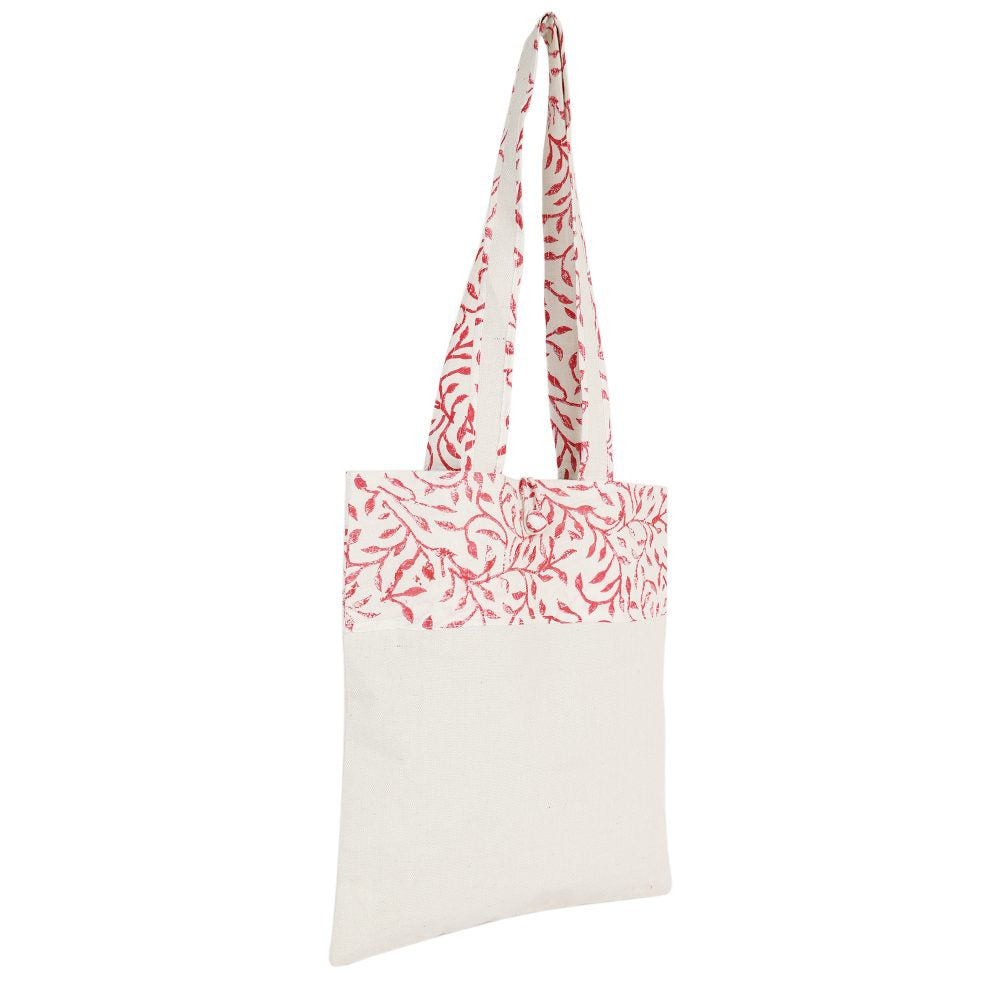 INDHA Red Floral Leaves Design Motif Hand Block-Printed Cotton Canvas Off-White Conference Kit Bag | Hand Block Printed Bag | Eco-Friendly | Gifting | Corporate Gifting | Shopping Bag | Laptop Carry Bag | Office Supply Bag | Tote Bag | Handcrafted