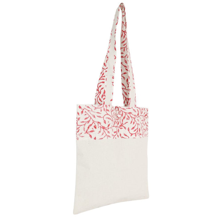 INDHA Red Floral Leaves Design Motif Hand Block-Printed Cotton Canvas Off-White Conference Kit Bag | Hand Block Printed Bag | Eco-Friendly | Gifting | Corporate Gifting | Shopping Bag | Laptop Carry Bag | Office Supply Bag | Tote Bag | Handcrafted