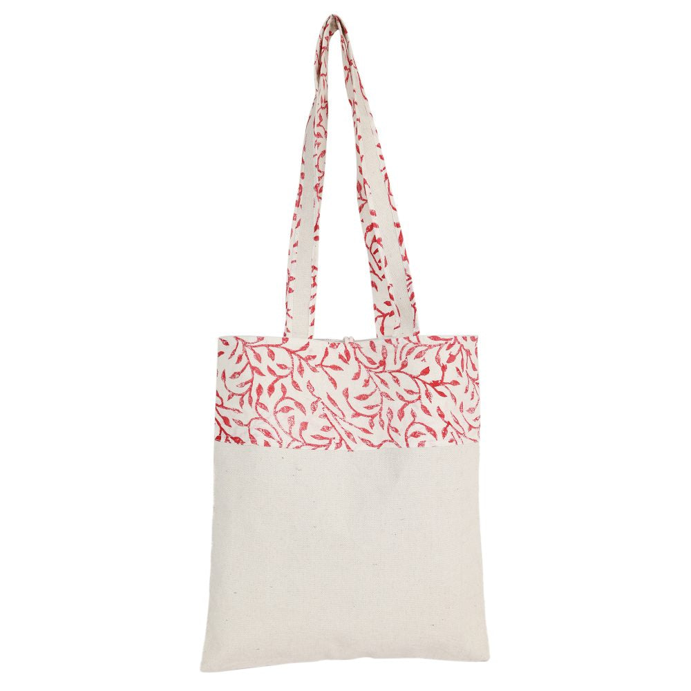 INDHA Red Floral Leaves Design Motif Hand Block-Printed Cotton Canvas Off-White Conference Kit Bag | Hand Block Printed Bag | Eco-Friendly | Gifting | Corporate Gifting | Shopping Bag | Laptop Carry Bag | Office Supply Bag | Tote Bag | Handcrafted