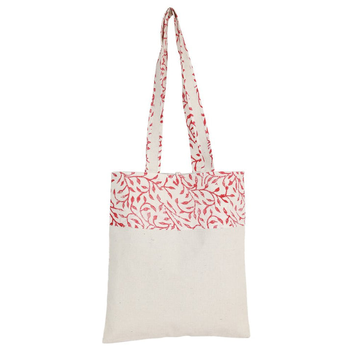 INDHA Red Floral Leaves Design Motif Hand Block-Printed Cotton Canvas Off-White Conference Kit Bag | Hand Block Printed Bag | Eco-Friendly | Gifting | Corporate Gifting | Shopping Bag | Laptop Carry Bag | Office Supply Bag | Tote Bag | Handcrafted