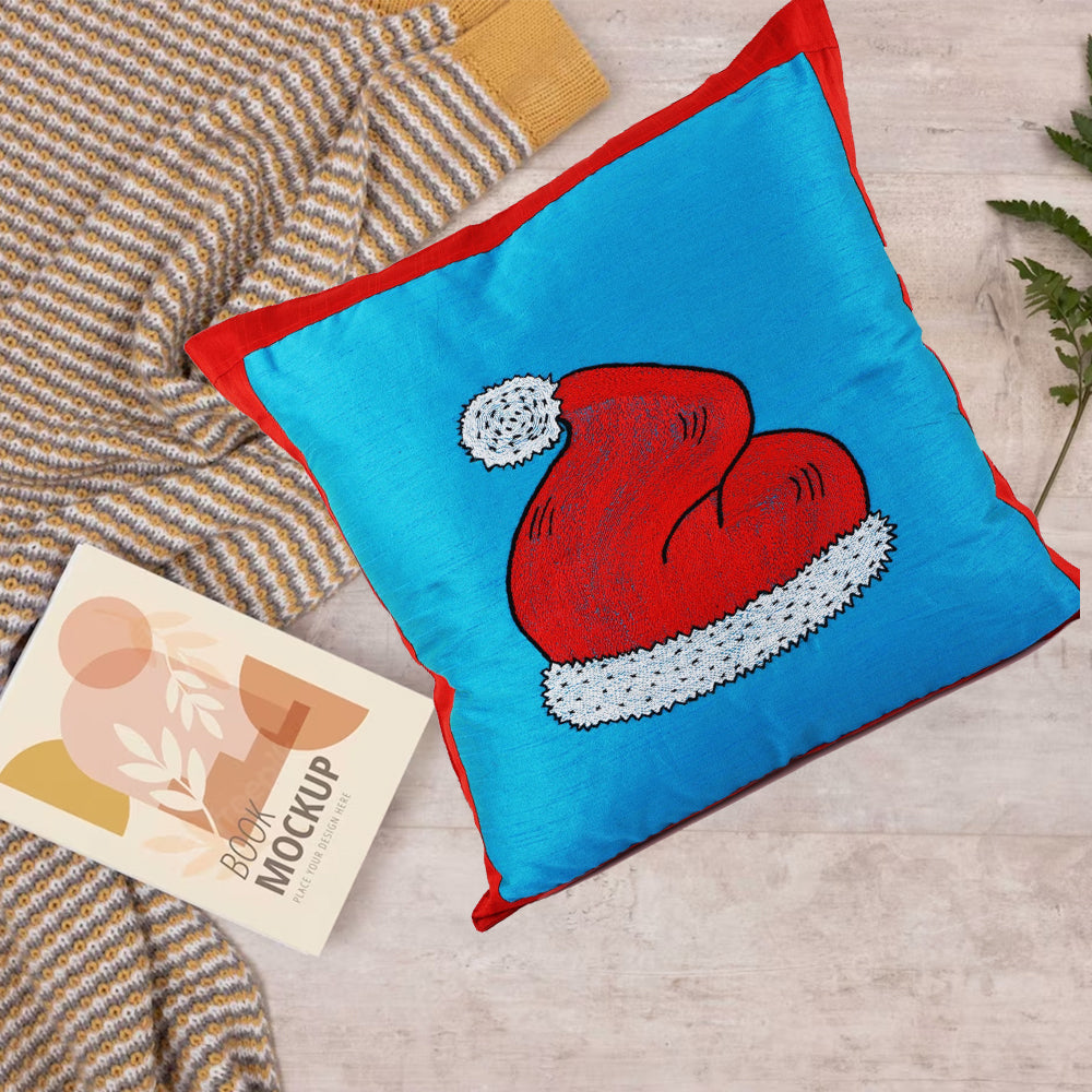 INDHA Cushion Cover with Hand-embroidered Santa’s hat design | Sky Blue and Red Dupion Silk | 20.0 x 20.0 Inches Cushion Cover | Throw Cushion Cover | Home Furnishing |