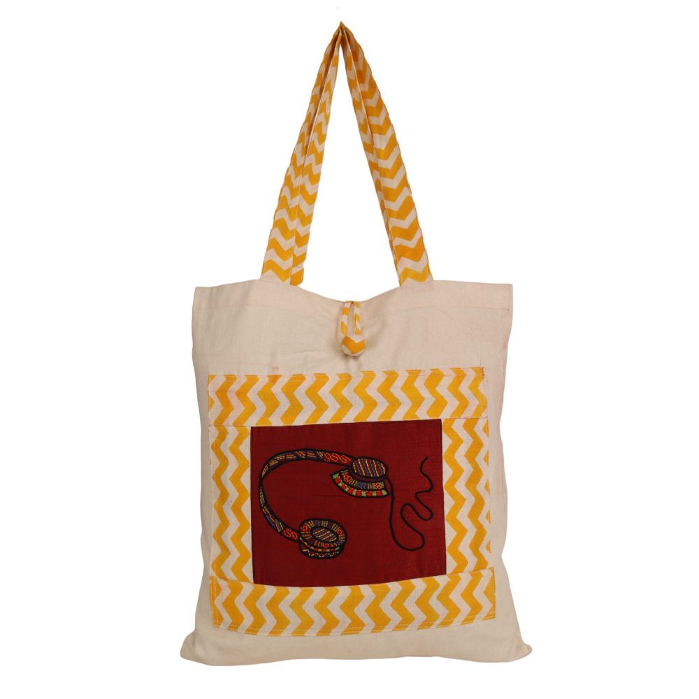 Indha Tote Bag with Headphone Motif Embroidery | Hand Block Printed Natural Cotton Shopping Bag | Eco-Friendly Handcrafted Tote | Single Compartment with Small Pocket | Button Closure | Vibrant and Spacious Bag |