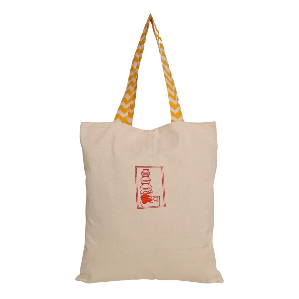 Indha Tote Bag with Headphone Motif Embroidery | Hand Block Printed Natural Cotton Shopping Bag | Eco-Friendly Handcrafted Tote | Single Compartment with Small Pocket | Button Closure | Vibrant and Spacious Bag |