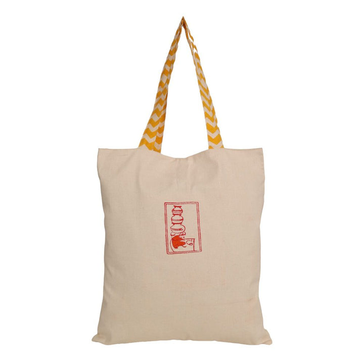 Indha Tote Bag with Headphone Motif Embroidery | Hand Block Printed Natural Cotton Shopping Bag | Eco-Friendly Handcrafted Tote | Single Compartment with Small Pocket | Button Closure | Vibrant and Spacious Bag |