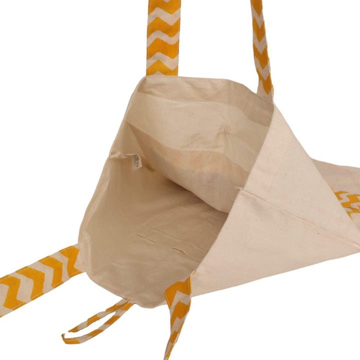 Indha Tote Bag with Headphone Motif Embroidery | Hand Block Printed Natural Cotton Shopping Bag | Eco-Friendly Handcrafted Tote | Single Compartment with Small Pocket | Button Closure | Vibrant and Spacious Bag |