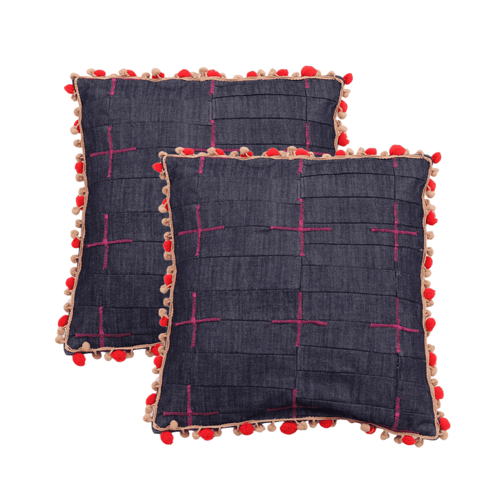 16" Handmade Denim Zig-Zag Cushion Covers Set of 2