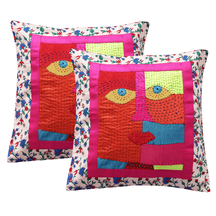 Indha Hand Embroidered Cushion Covers Face-Patchwork Motif | 16X16 Cushion Covers Set of 2 | Block Printed Cushion Covers | Home Decor | Home Furnishing | Corporate Gifting